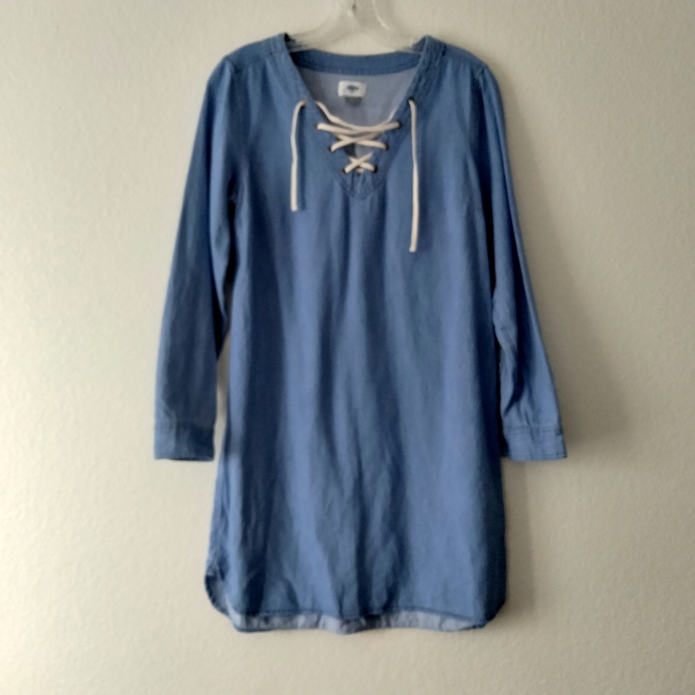 Old Navy Dress Size S Blue Chambray Lace up Long Sleeve Mini Denim Casual